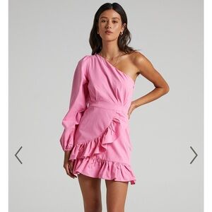 Showpo One-Shoulder Pink Ruffle Mini Dress